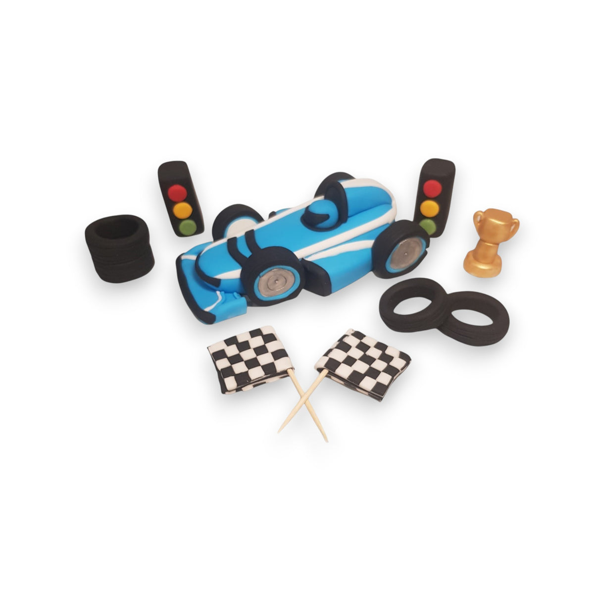 Race Car Cake Topper Set – Edible Fondant Car, Tyres, Traffic Lights & Flags | Handmade in the UK