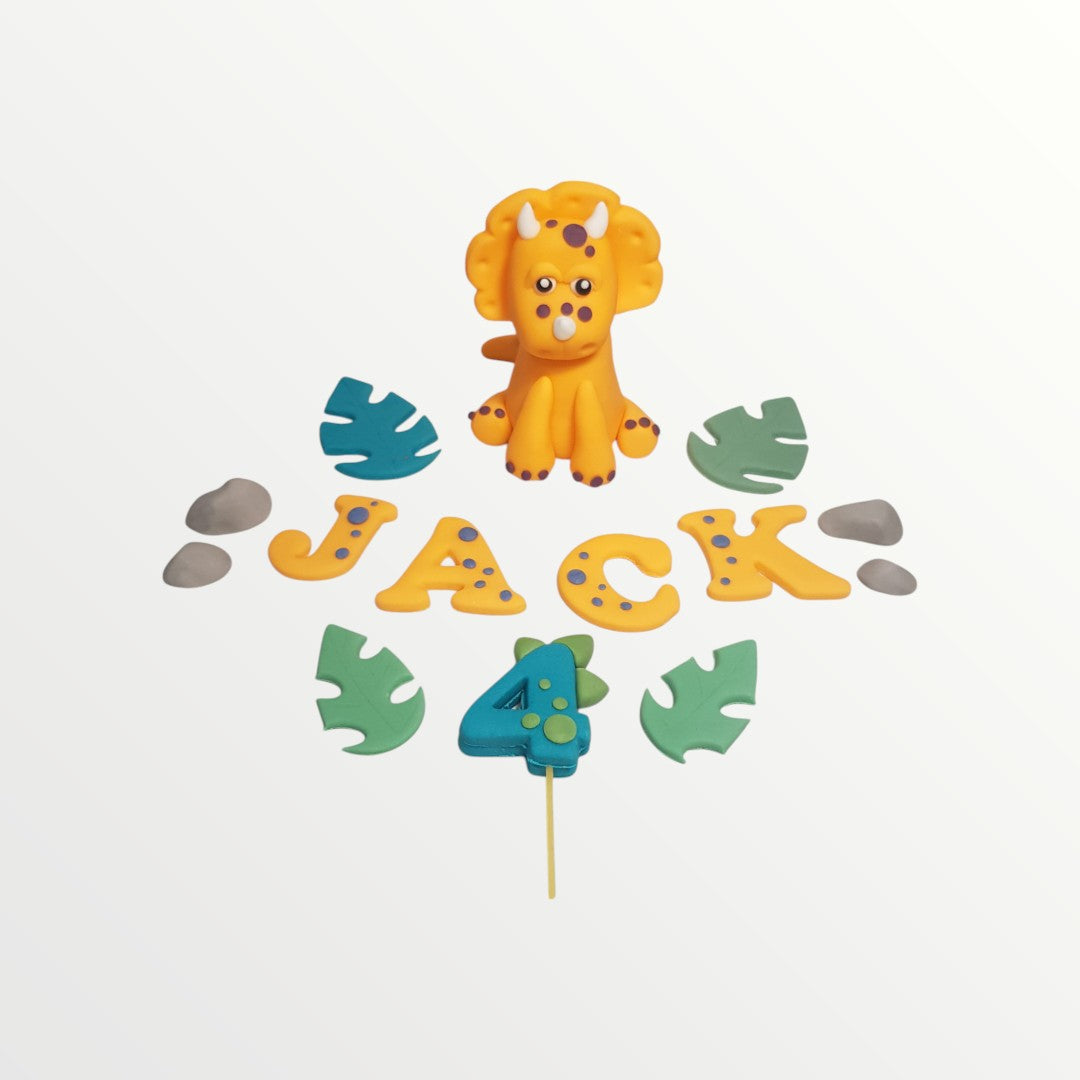 Personalised Dinosaur Cake Topper Set – Edible Fondant Name & Number (Orange)