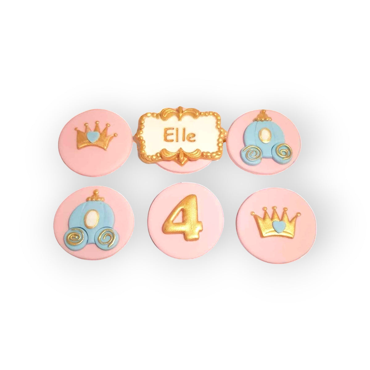 Princess Cupcake Toppers – Fondant Crowns, Carriages, Name & Age Set (Edible, Handmade UK)
